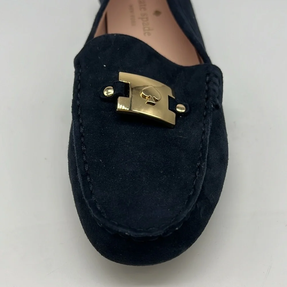 Kate Spade - Carmen Navy Suede Gold Logo Round Toe Driving Loafer Size 8
